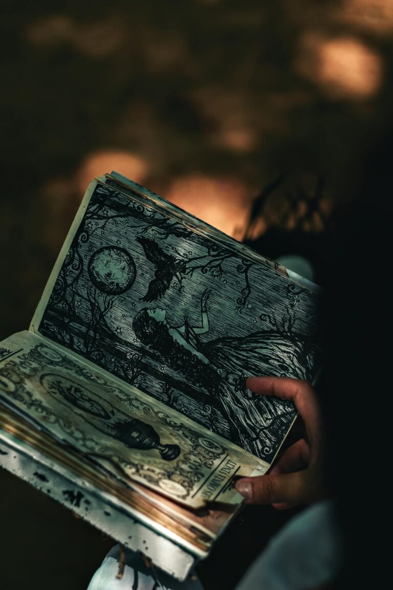 A hand holding a book with mystical illustrations, captured in artistic lighting.